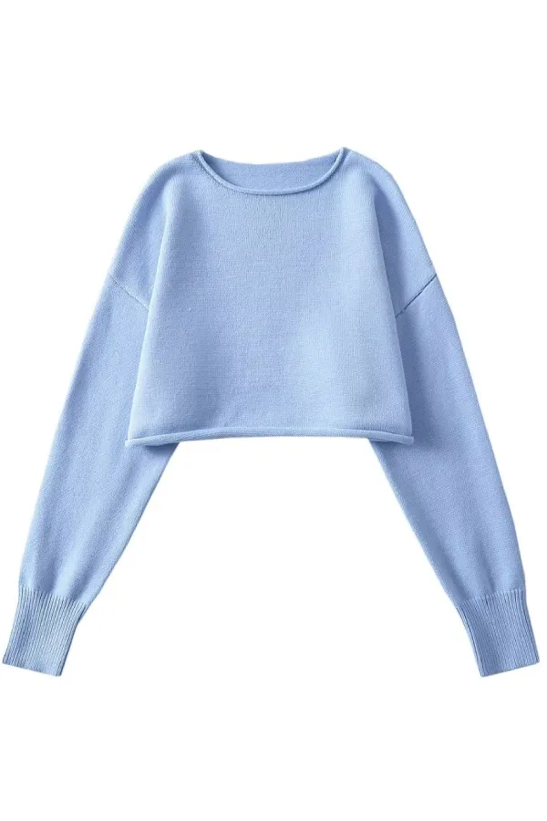 Round Neck Solid Color Loose Casual Long Sleeve Super Short Knitted Sweater