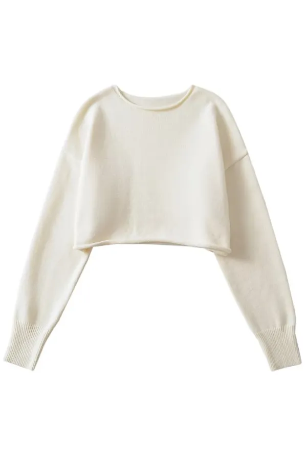 Round Neck Solid Color Loose Casual Long Sleeve Super Short Knitted Sweater