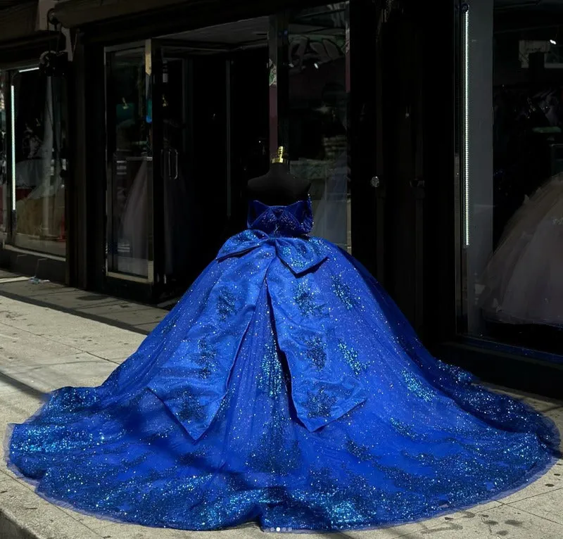 Royal Blue Sleeveless Appliques Ball Gown with Bowknot
