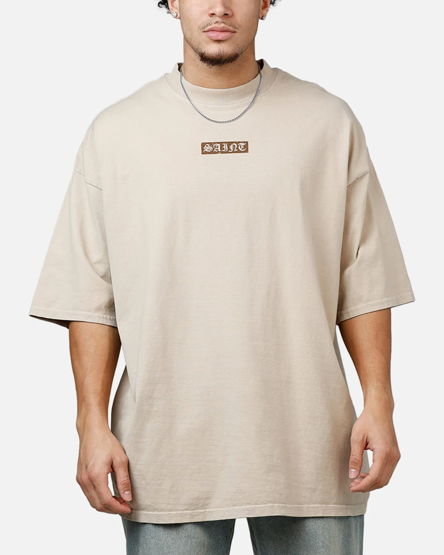 Saint Morta Pray For Me Mock Neck T-Shirt Stone