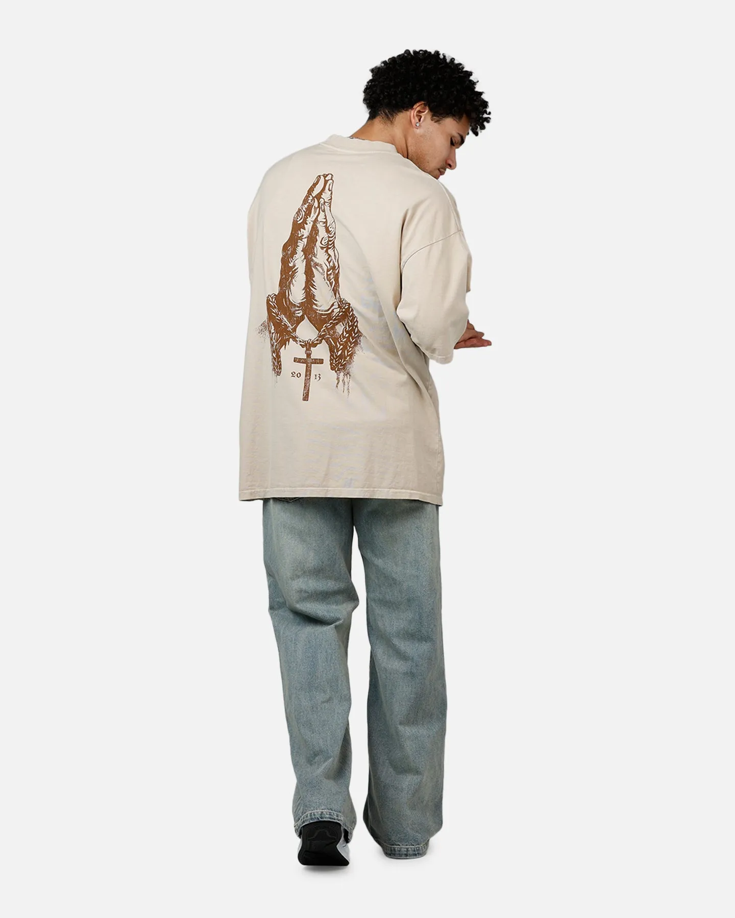 Saint Morta Pray For Me Mock Neck T-Shirt Stone