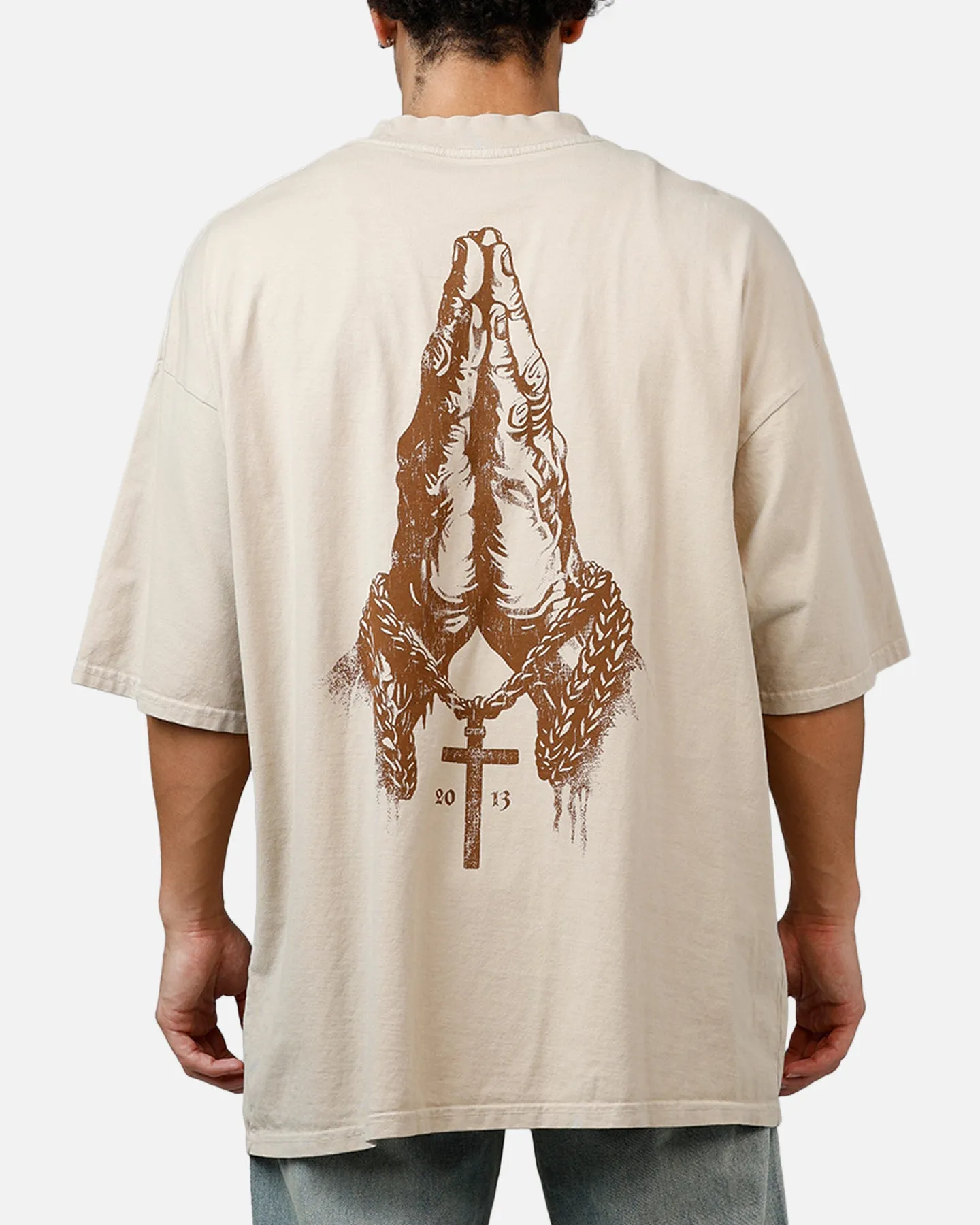 Saint Morta Pray For Me Mock Neck T-Shirt Stone
