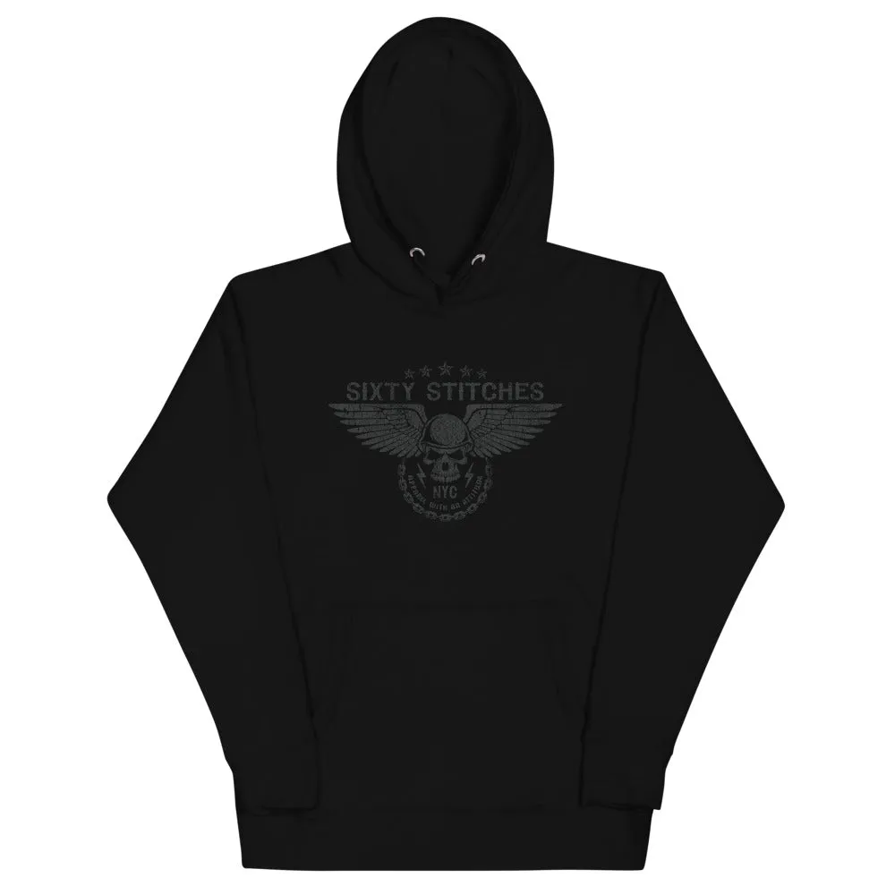 Sixty Stitches Distressed Dark Gray Skull & Wings (NYC) Men’s Premium Pullover Hoodie
