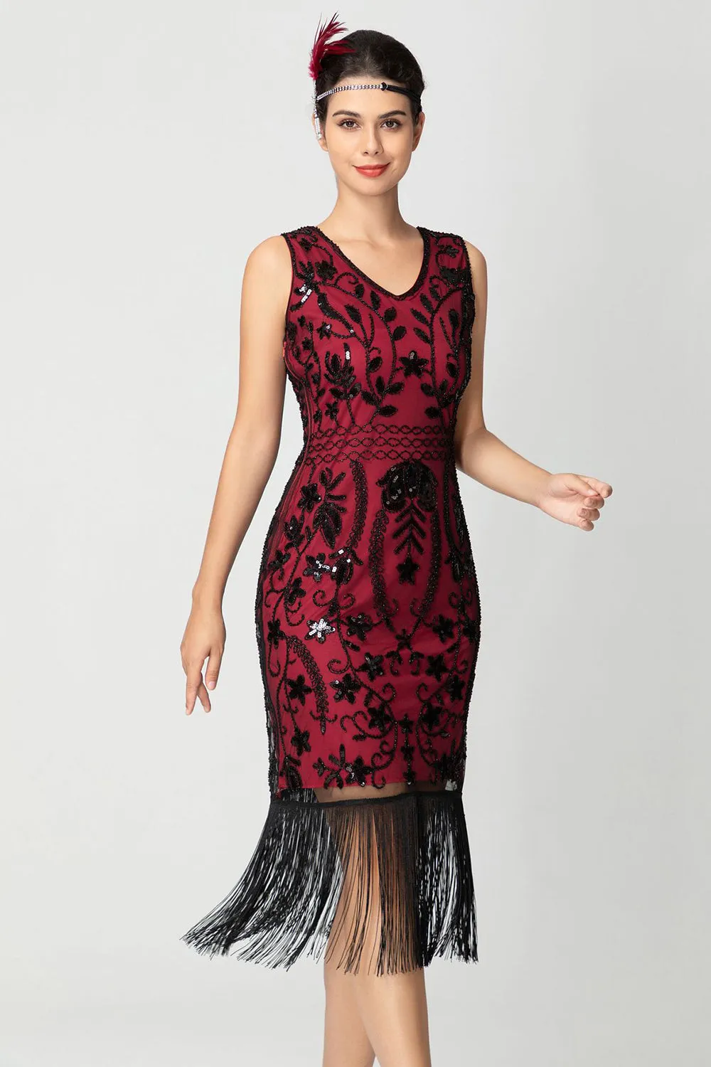 Sparkly Black Burgundy Sleeveless Fringe 1920s Dress