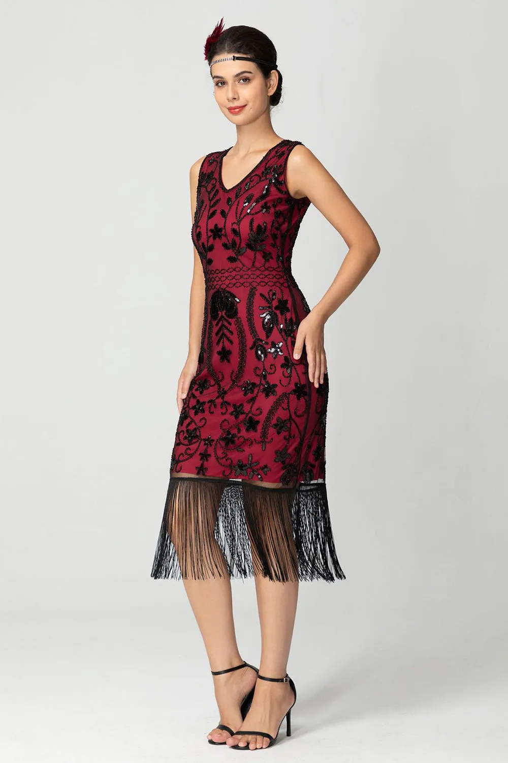 Sparkly Black Burgundy Sleeveless Fringe 1920s Dress