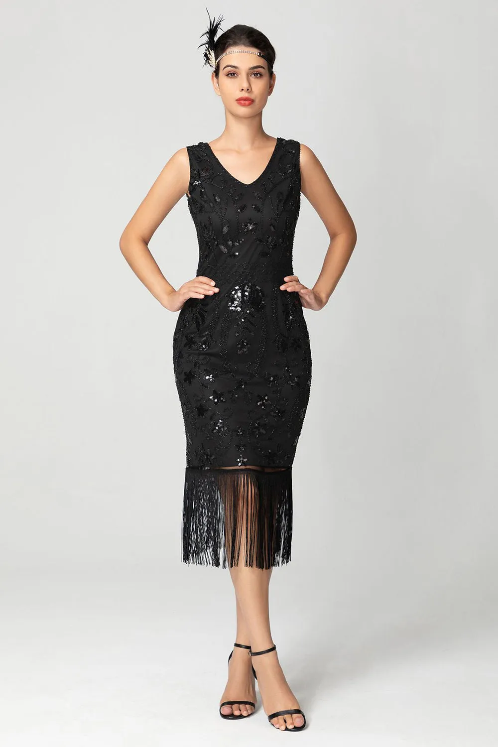 Sparkly Black Burgundy Sleeveless Fringe 1920s Dress