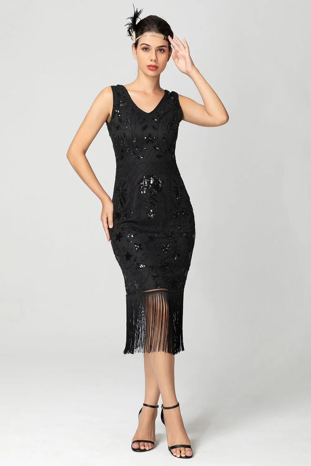 Sparkly Black Burgundy Sleeveless Fringe 1920s Dress