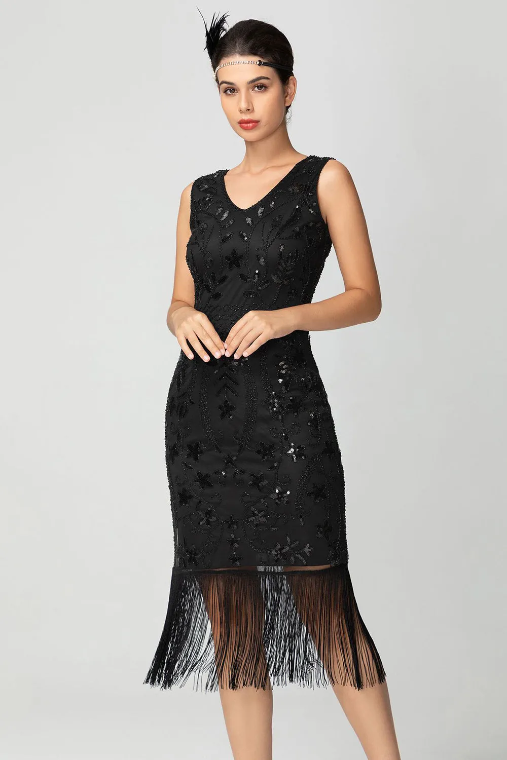 Sparkly Black Burgundy Sleeveless Fringe 1920s Dress