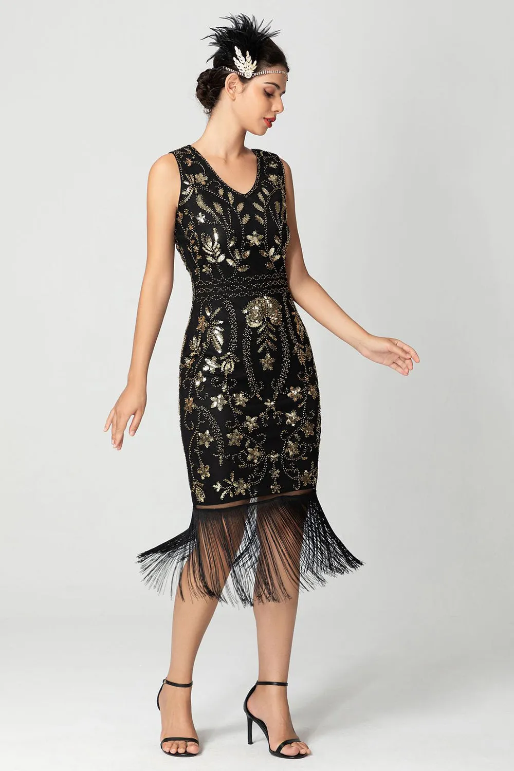 Sparkly Black Burgundy Sleeveless Fringe 1920s Dress