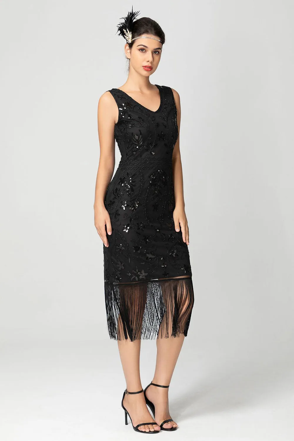 Sparkly Black Burgundy Sleeveless Fringe 1920s Dress