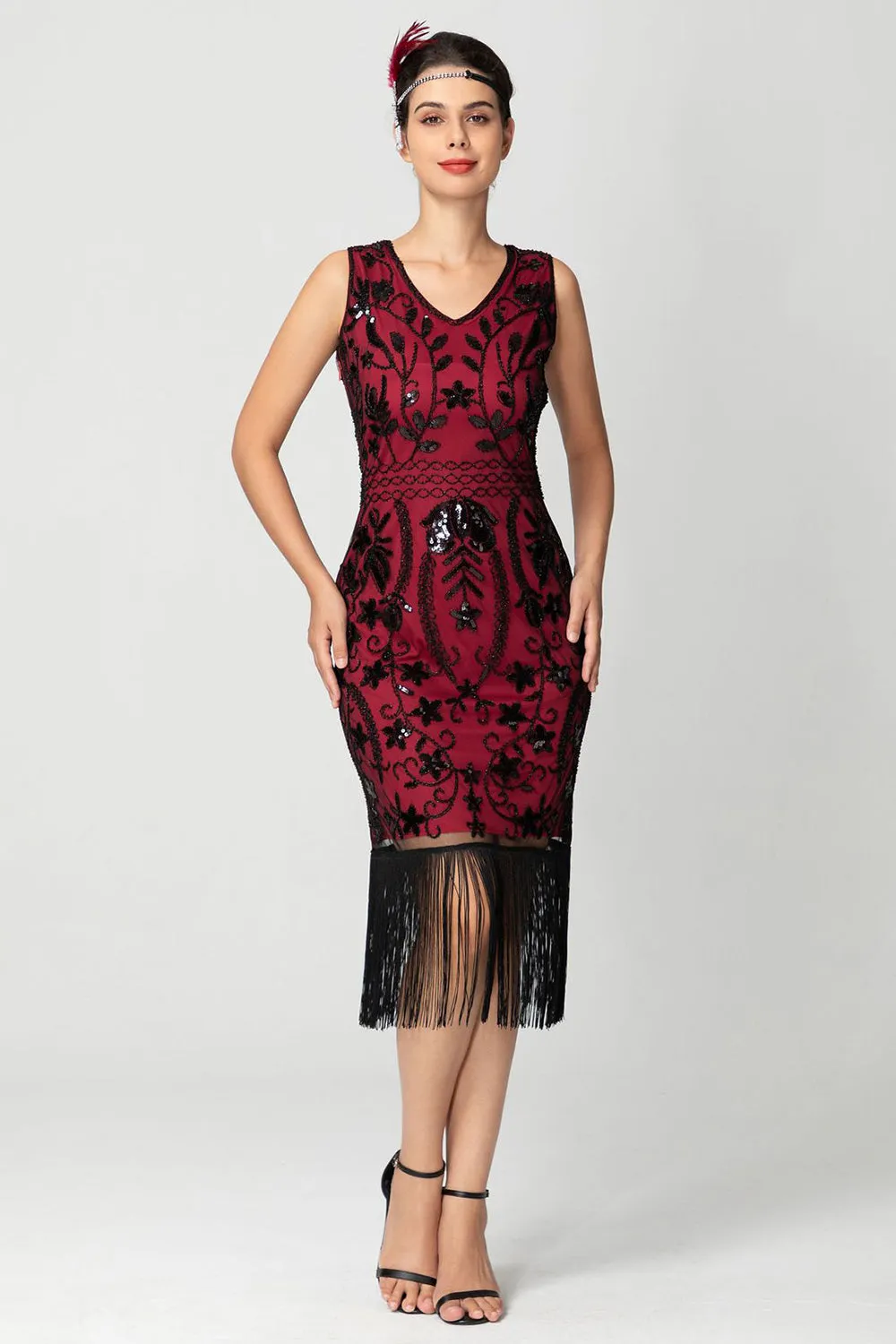 Sparkly Black Burgundy Sleeveless Fringe 1920s Dress