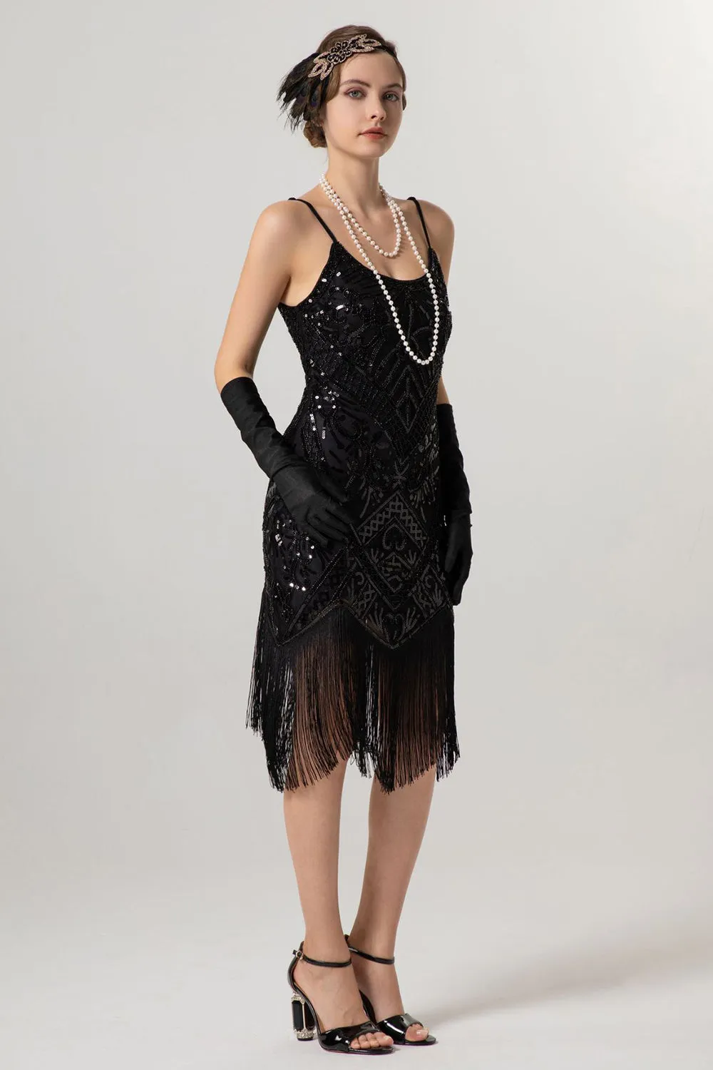 Sparkly Black Golden Spaghetti Straps Fringe 1920s Dress