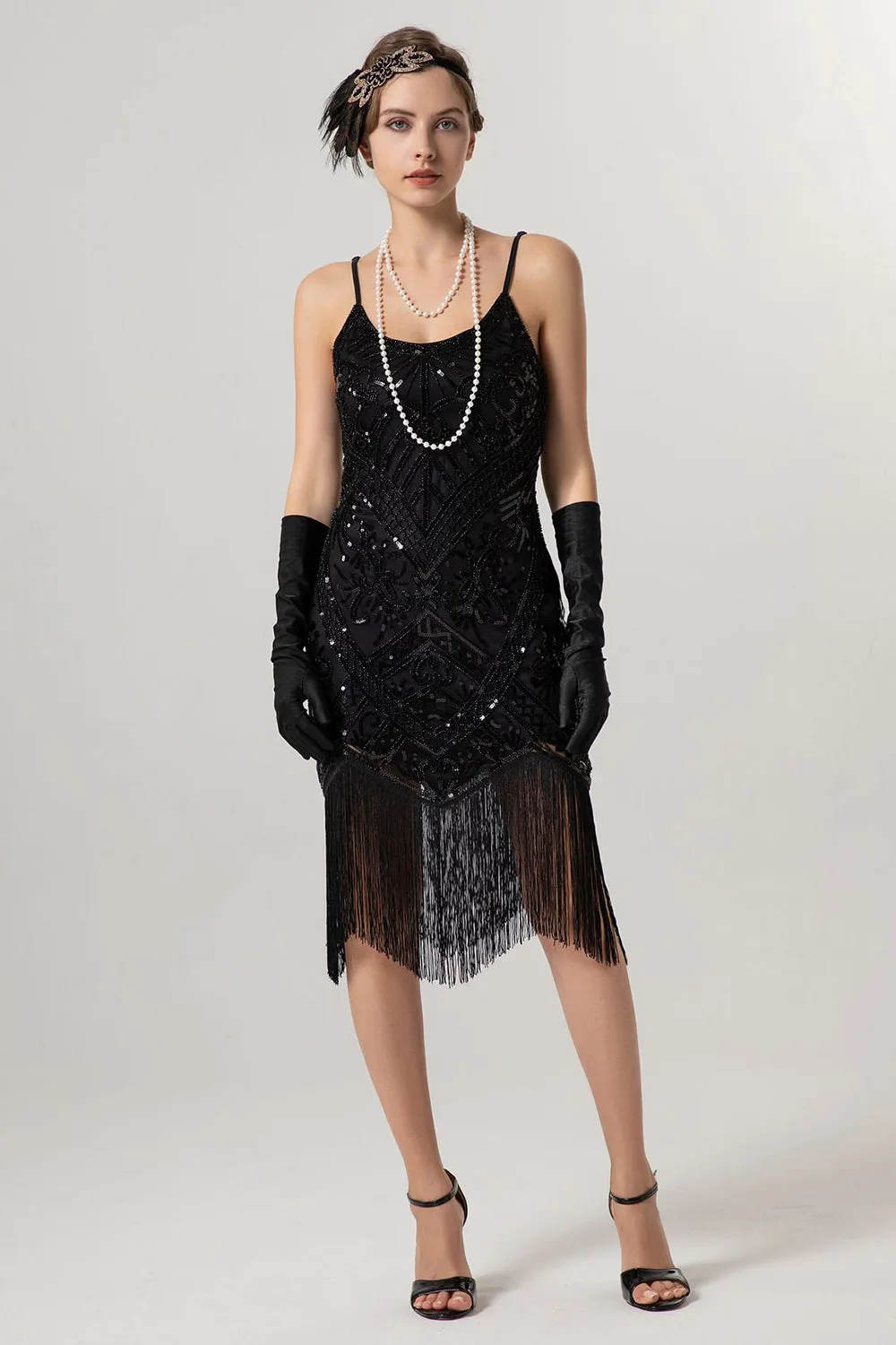 Sparkly Black Golden Spaghetti Straps Fringe 1920s Dress