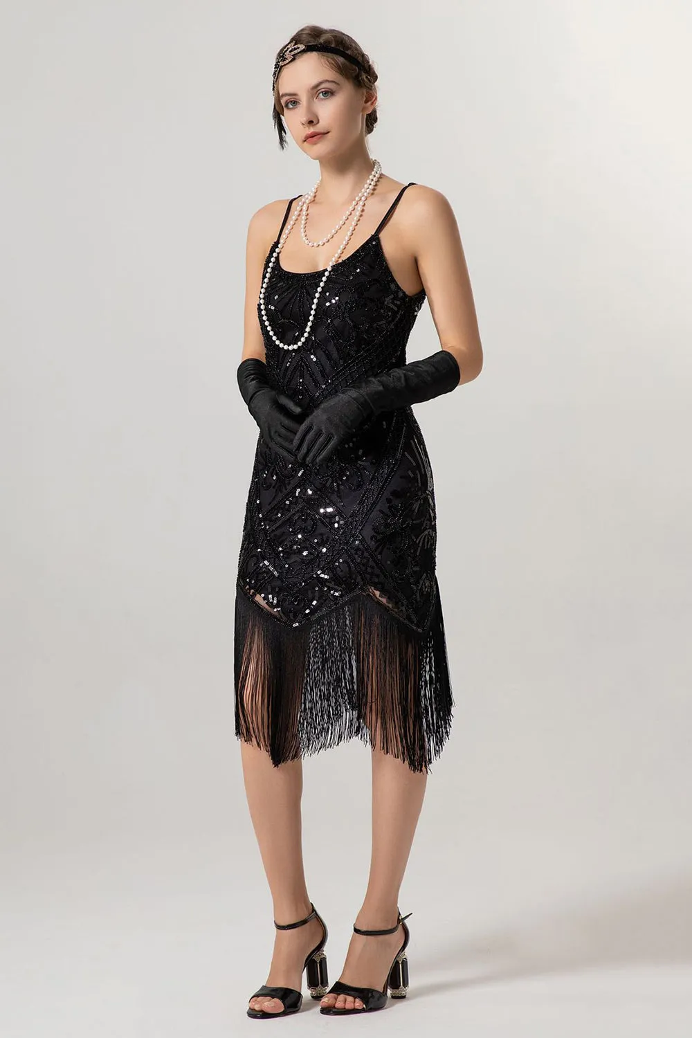 Sparkly Black Golden Spaghetti Straps Fringe 1920s Dress