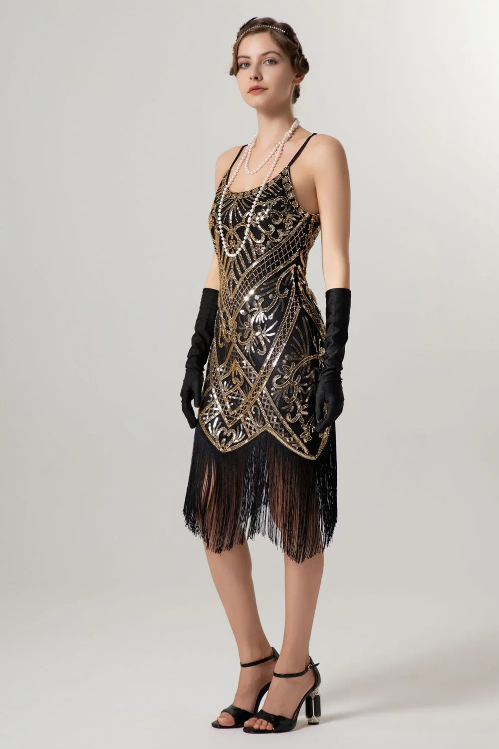 Sparkly Black Golden Spaghetti Straps Fringe 1920s Dress