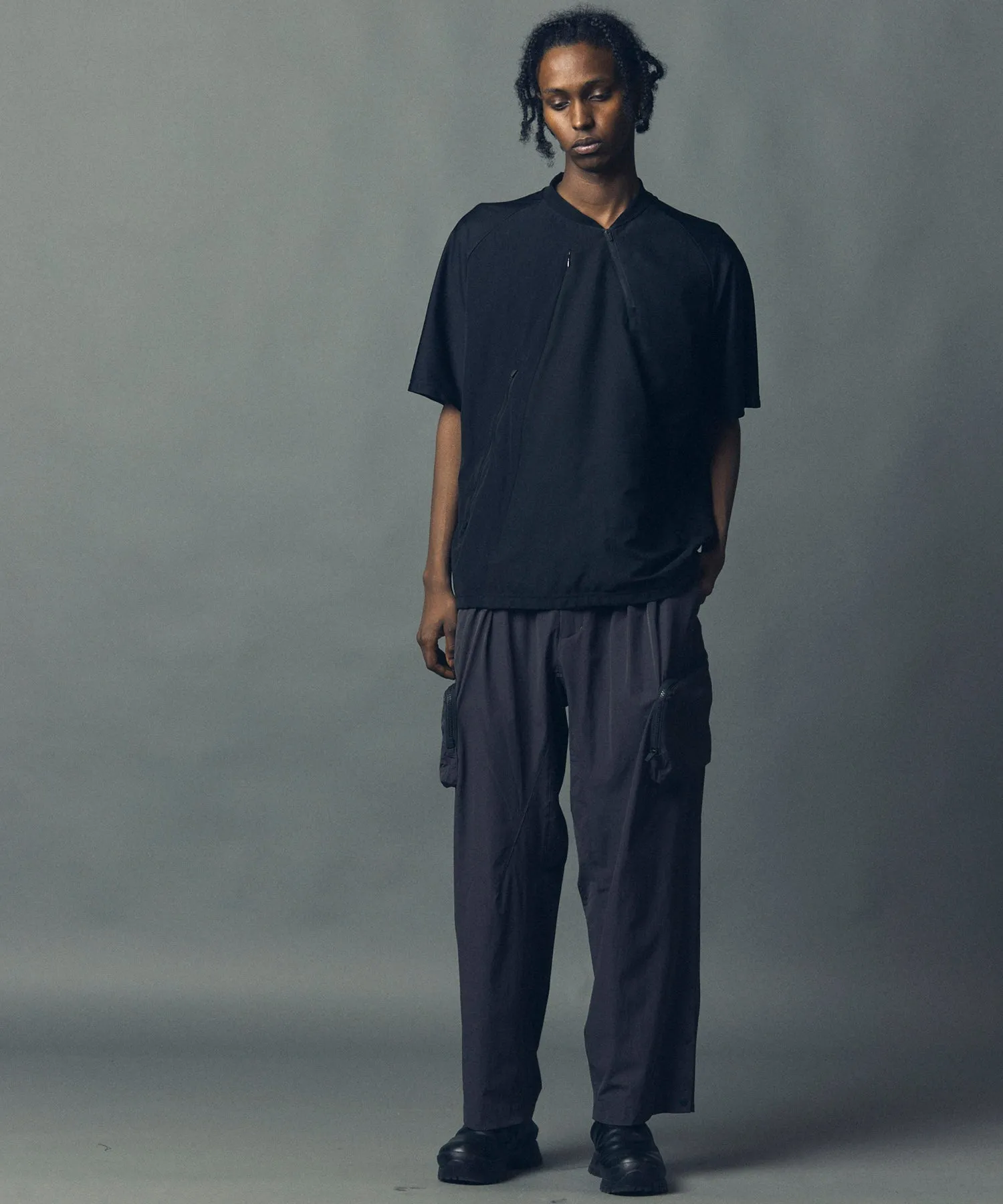 【SPORTS TECH HIGH SPEC LINE】Oversized Different Material Combination HANOJI Zip Crew Neck T-shirt