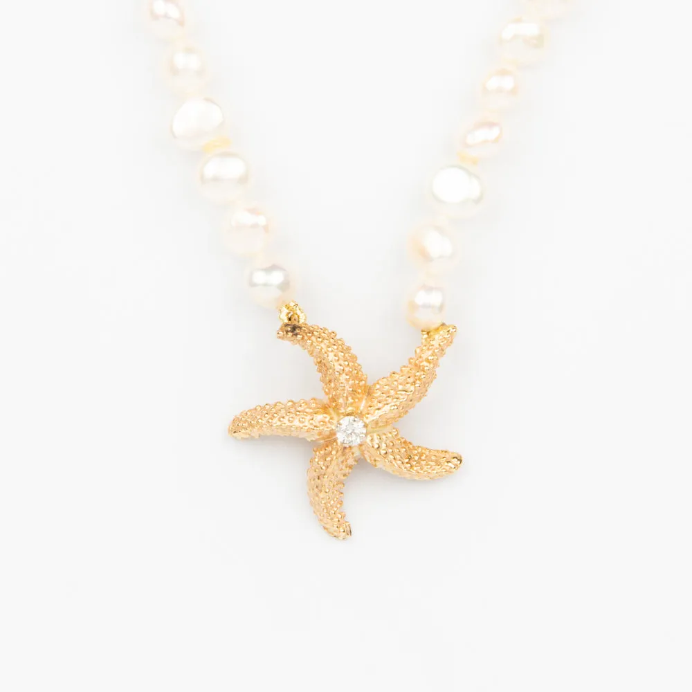 Starfish Necklace - 14K Gold, Diamond, Pearls