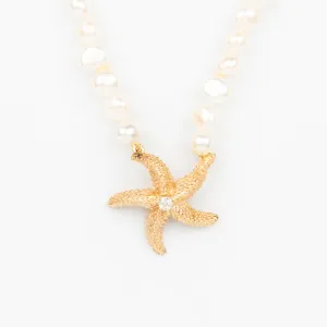 Starfish Necklace - 14K Gold, Diamond, Pearls