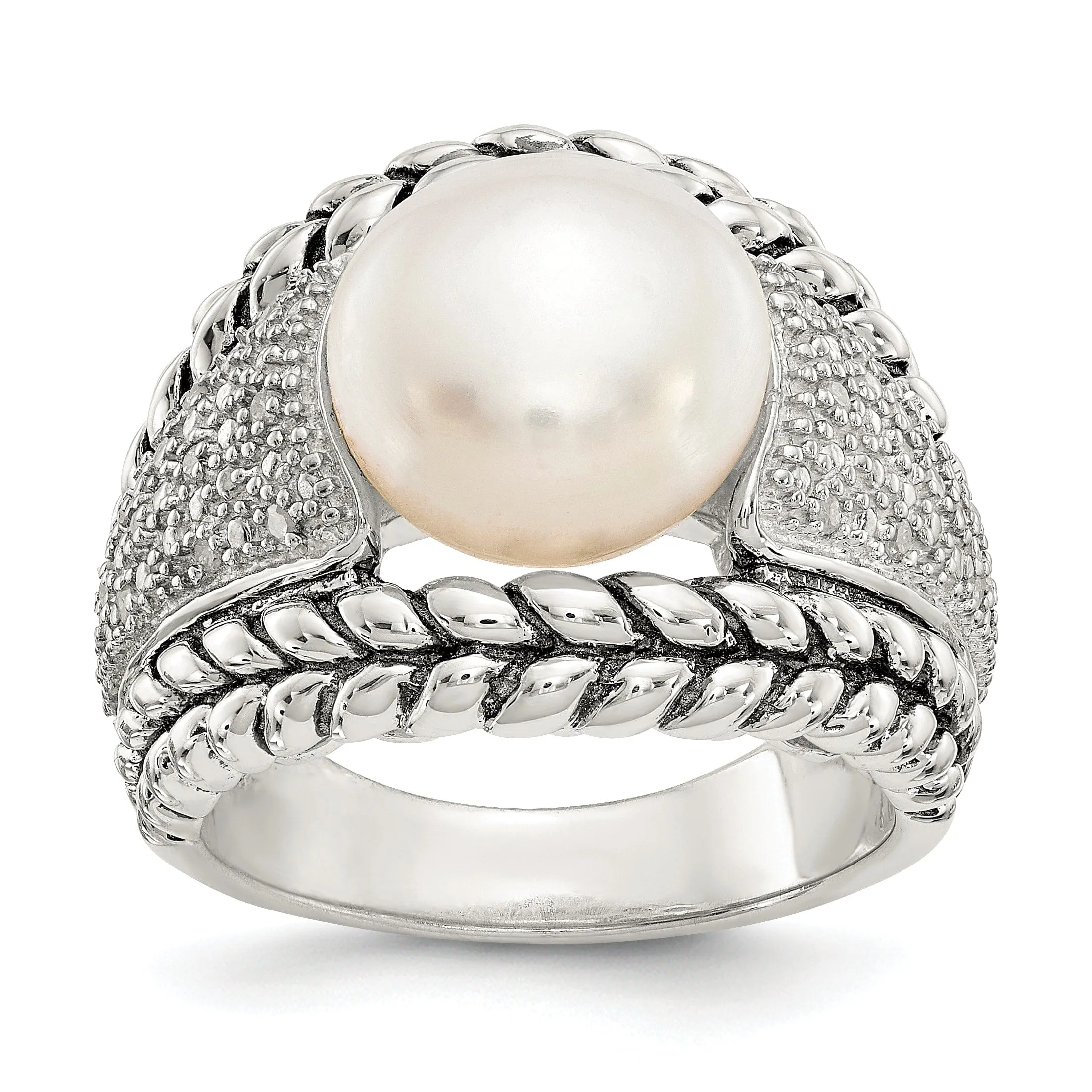 Sterling Silver Cultured Pearl Diamond Ring