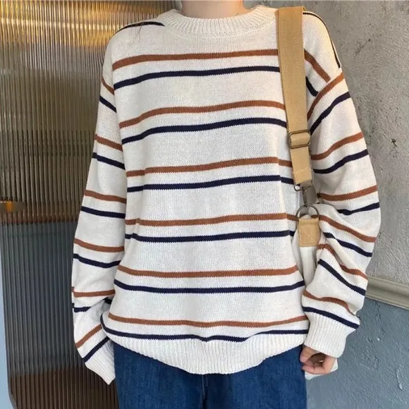 Stripe knit sweater womens white crew neck minimalist brown casual