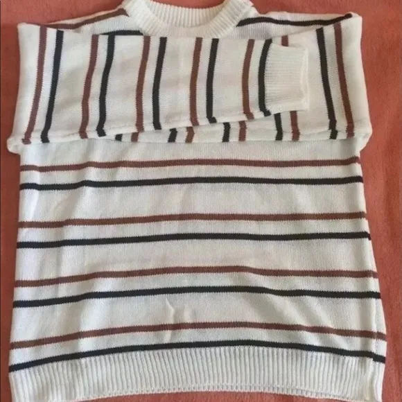 Stripe knit sweater womens white crew neck minimalist brown casual