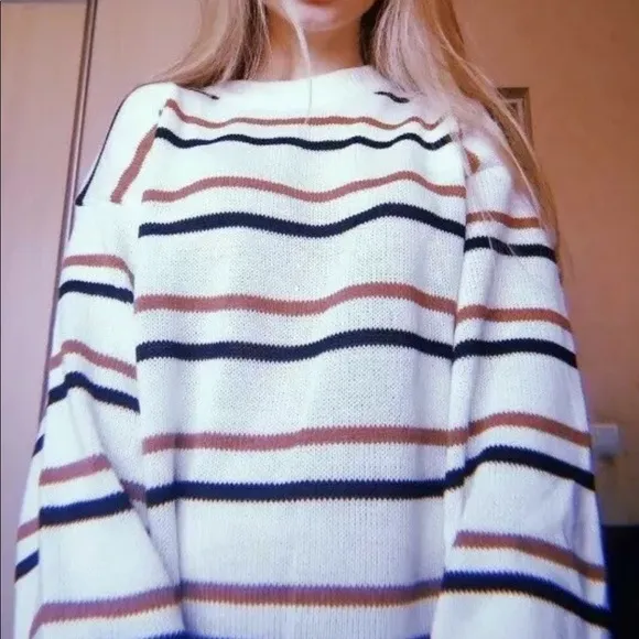 Stripe knit sweater womens white crew neck minimalist brown casual