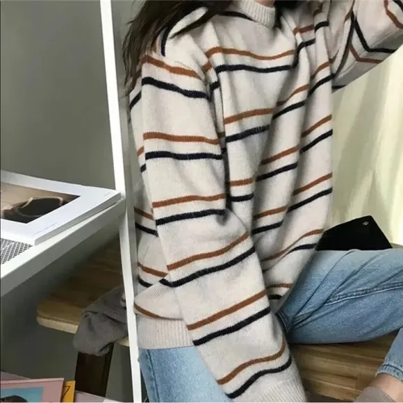 Stripe knit sweater womens white crew neck minimalist brown casual
