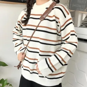 Stripe knit sweater womens white crew neck minimalist brown casual