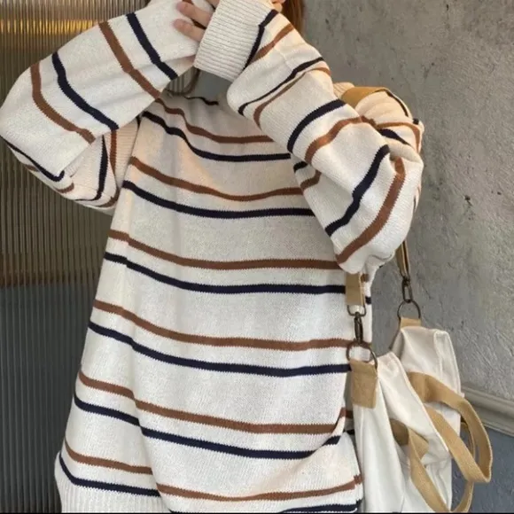 Stripe knit sweater womens white crew neck minimalist brown casual