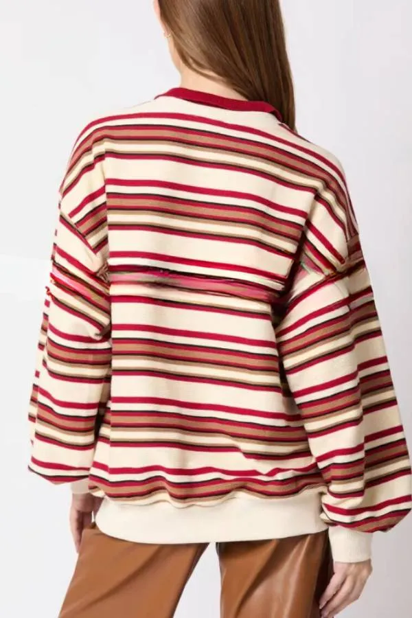 Striped Lapel Long-sleeved Top Loose Casual Sweatshirt