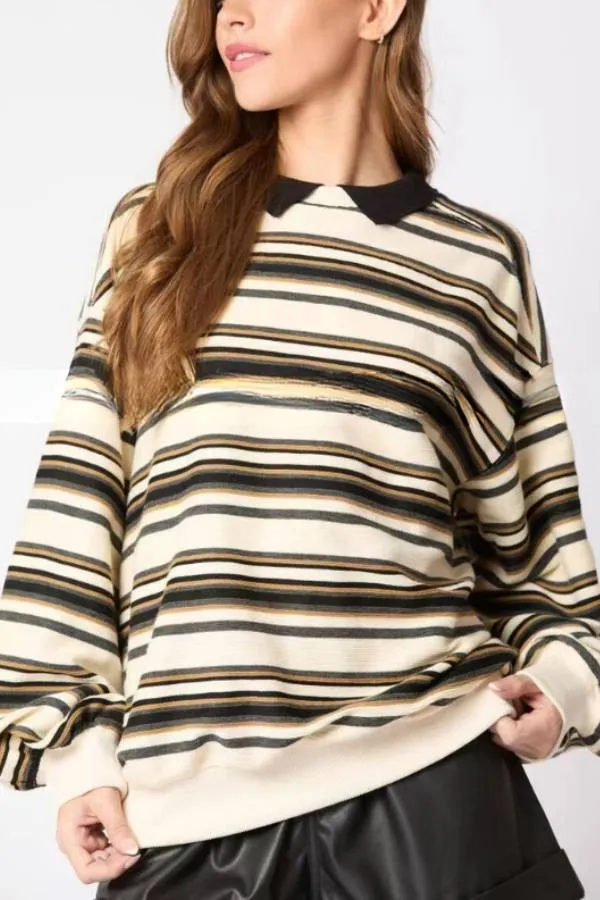 Striped Lapel Long-sleeved Top Loose Casual Sweatshirt