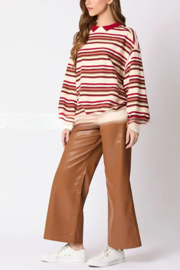 Striped Lapel Long-sleeved Top Loose Casual Sweatshirt