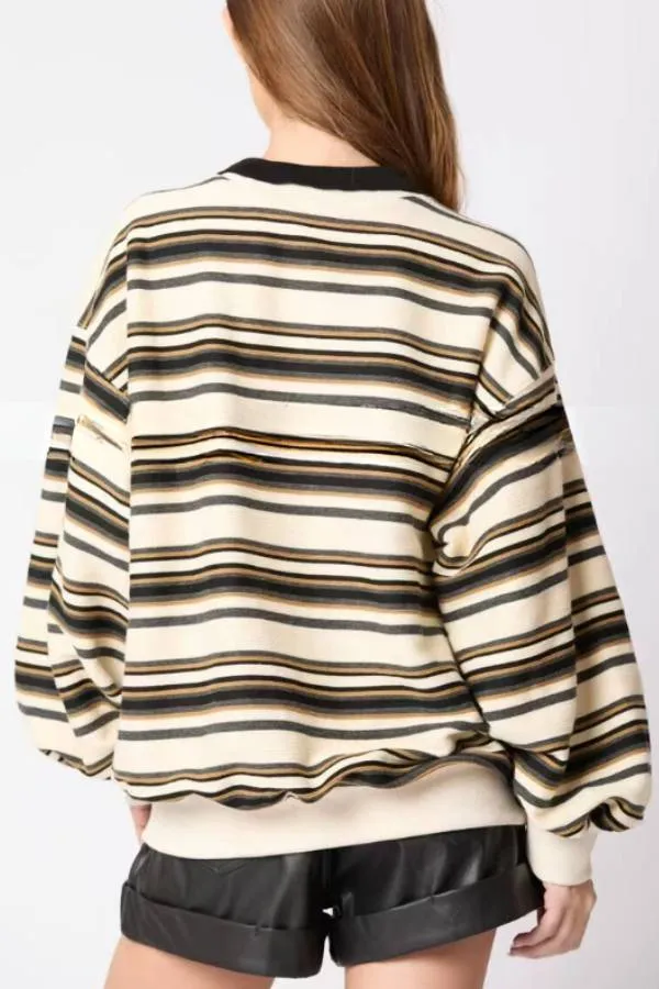 Striped Lapel Long-sleeved Top Loose Casual Sweatshirt