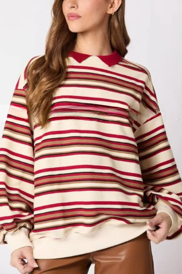 Striped Lapel Long-sleeved Top Loose Casual Sweatshirt