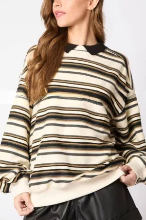 Striped Lapel Long-sleeved Top Loose Casual Sweatshirt