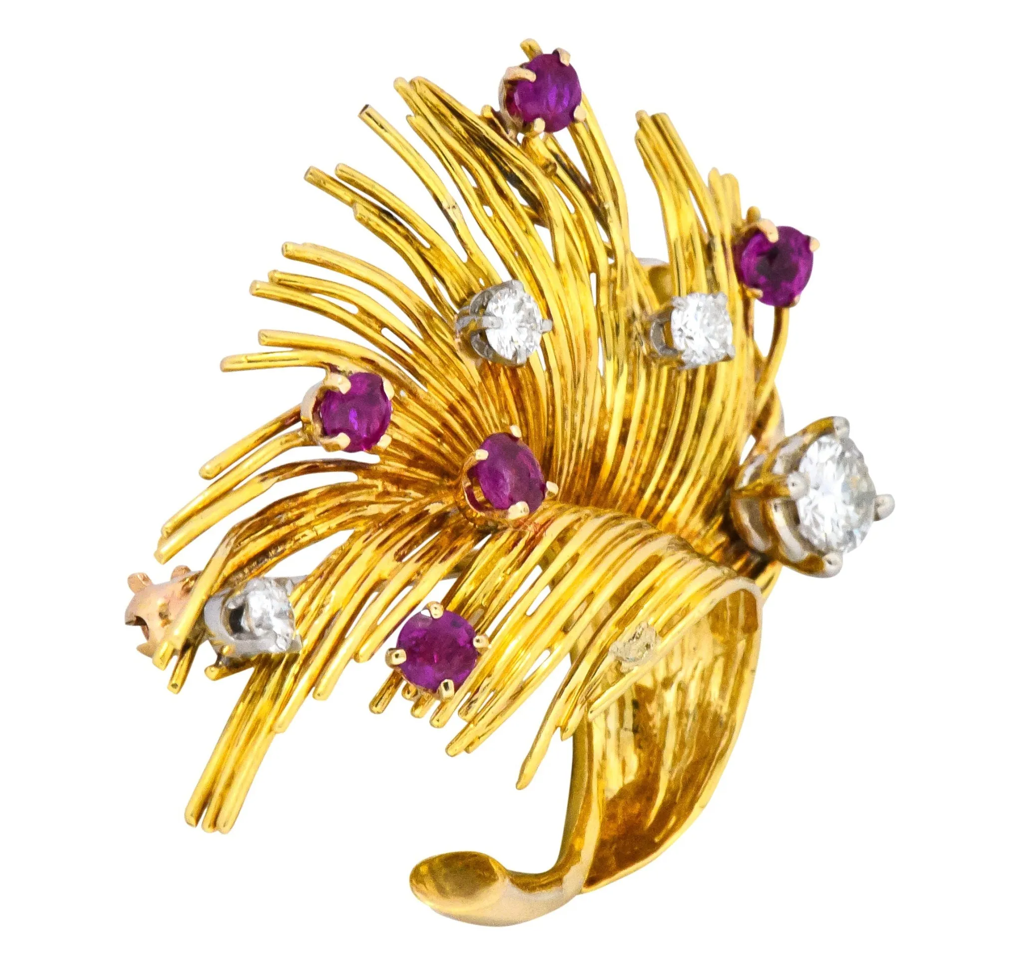 Tiffany & Co. Retro 1.70 CTW Diamond Ruby 18 Karat Gold Spray Brooch