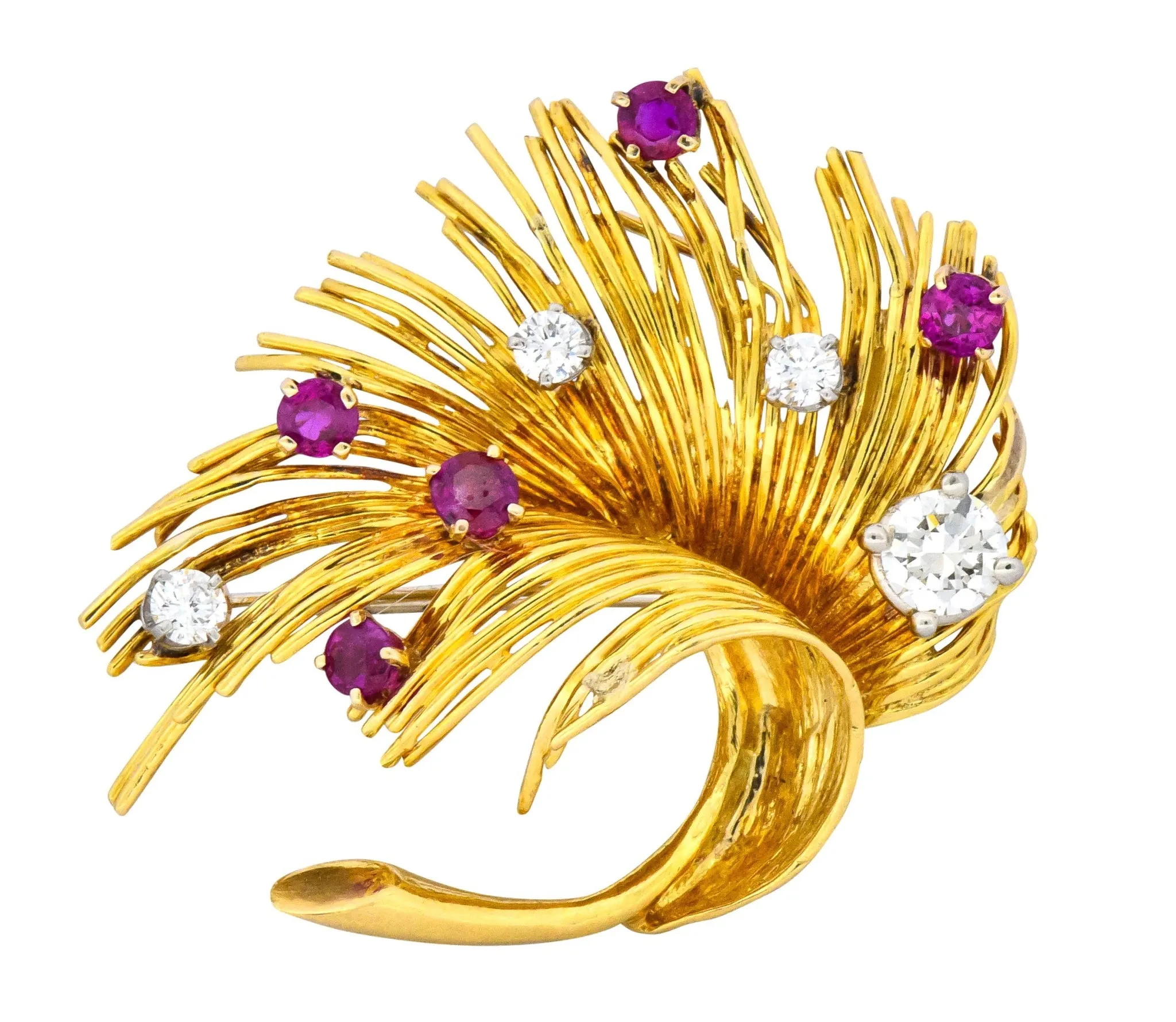 Tiffany & Co. Retro 1.70 CTW Diamond Ruby 18 Karat Gold Spray Brooch
