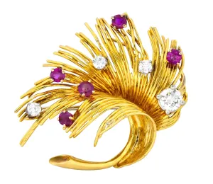 Tiffany & Co. Retro 1.70 CTW Diamond Ruby 18 Karat Gold Spray Brooch