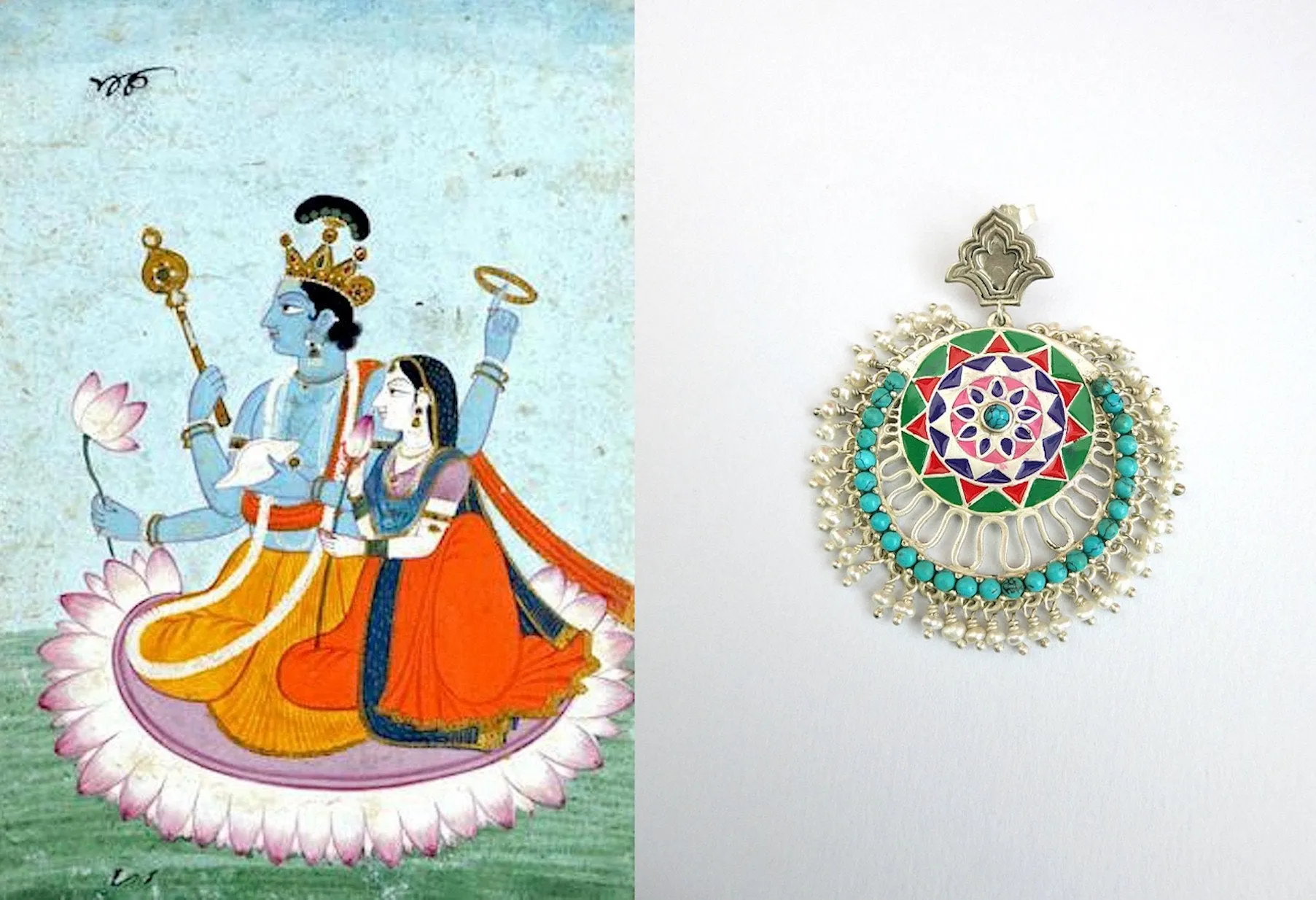 Truly magnificent, Himachali enamel, turquoise & pearls 'chandbala' earrings