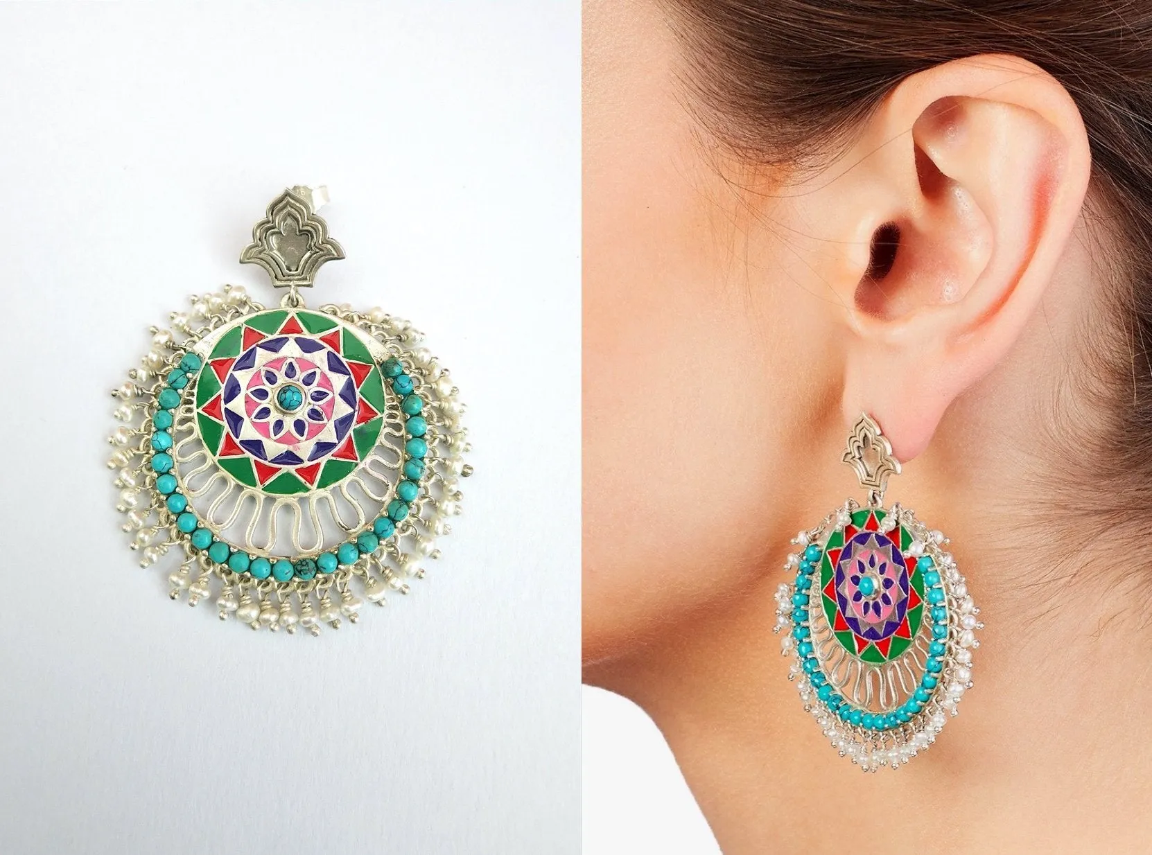 Truly magnificent, Himachali enamel, turquoise & pearls 'chandbala' earrings