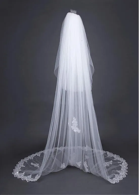 Two-layer Wedding Veil With Sequin Lace Appliques