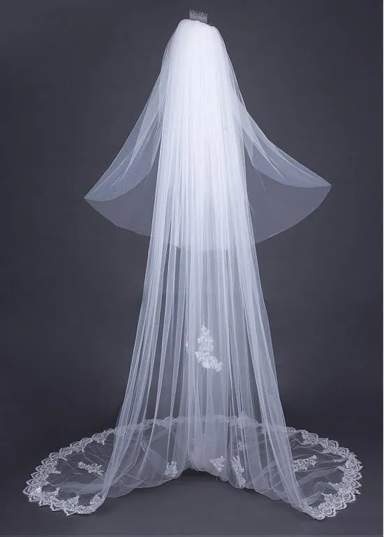Two-layer Wedding Veil With Sequin Lace Appliques