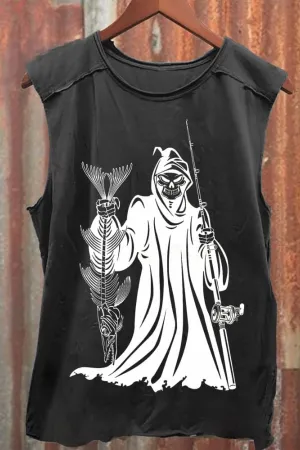 Unisex Death Fishing Print 100% Cotton Casual Tank Top