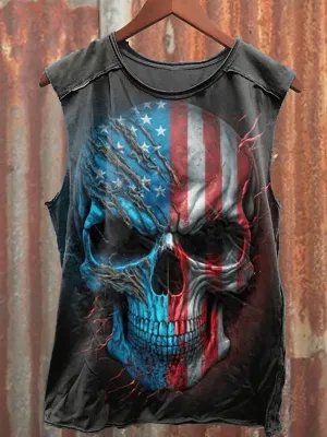 Unisex Independence Day Flag Skull Print Casual Tank Top