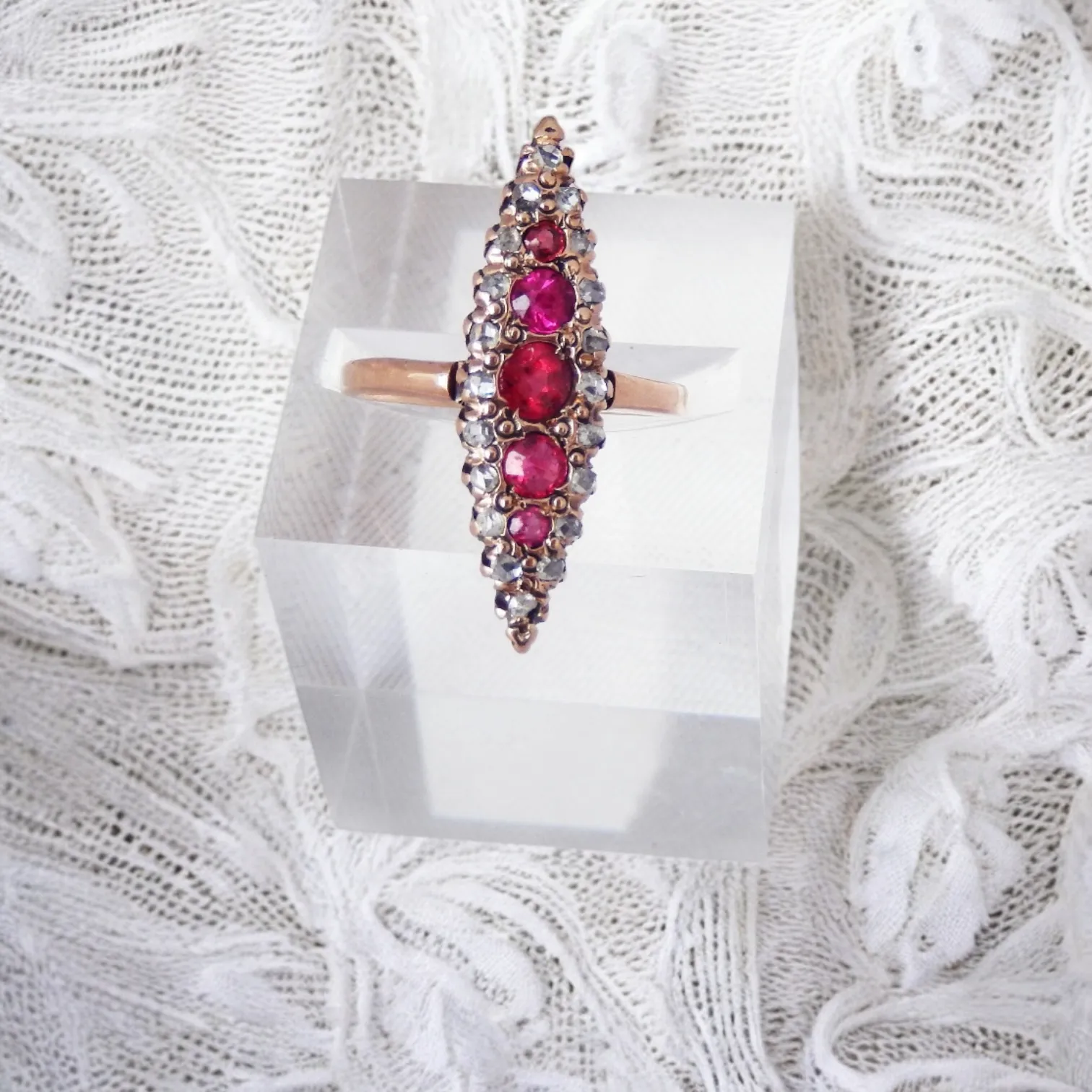 Victorian 14k Gold Ruby and Diamond Navette Ring- (circa 1890)