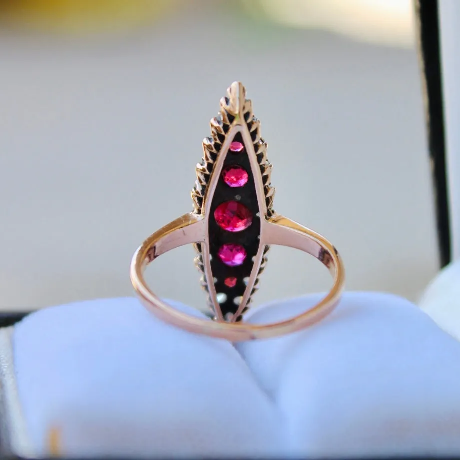Victorian 14k Gold Ruby and Diamond Navette Ring- (circa 1890)