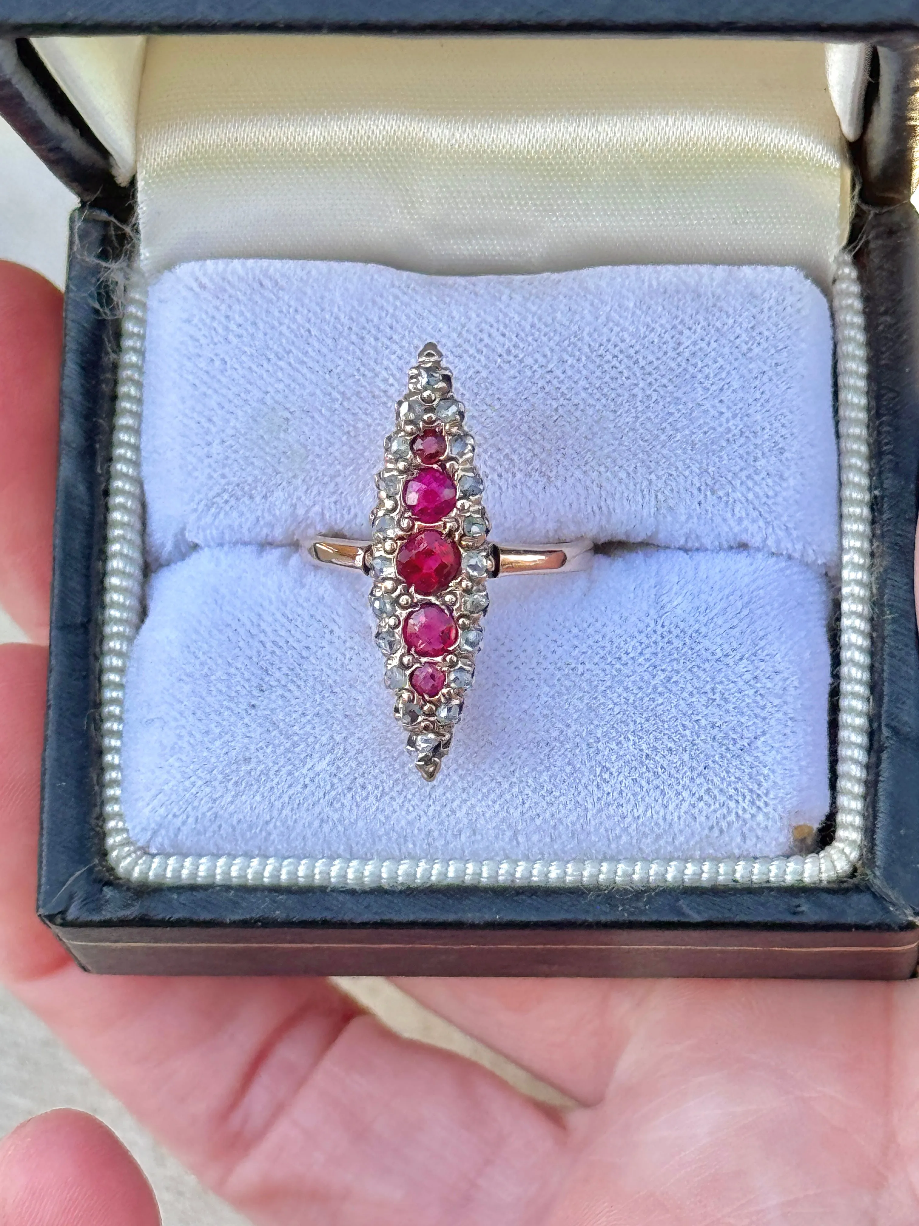 Victorian 14k Gold Ruby and Diamond Navette Ring- (circa 1890)