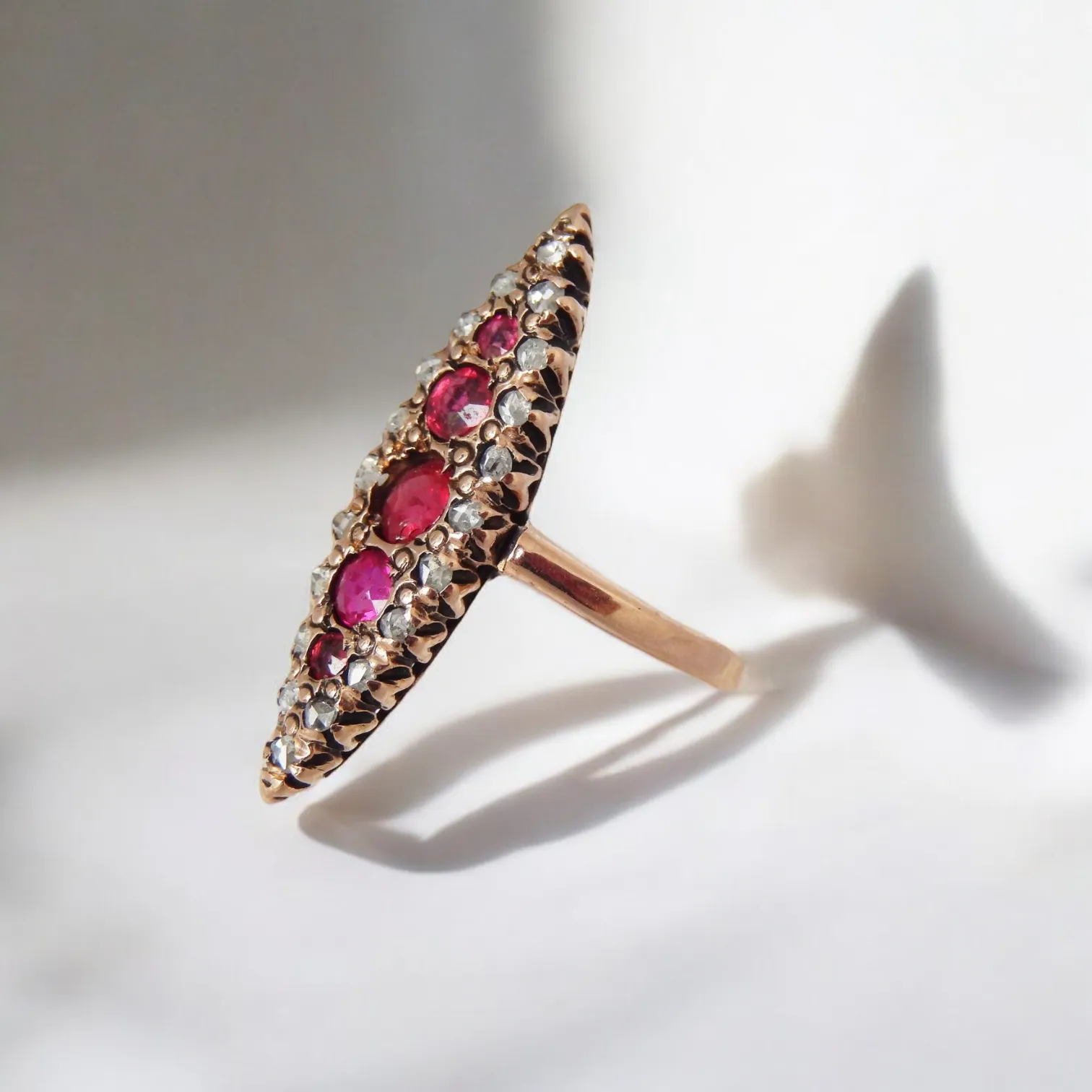 Victorian 14k Gold Ruby and Diamond Navette Ring- (circa 1890)