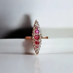 Victorian 14k Gold Ruby and Diamond Navette Ring- (circa 1890)