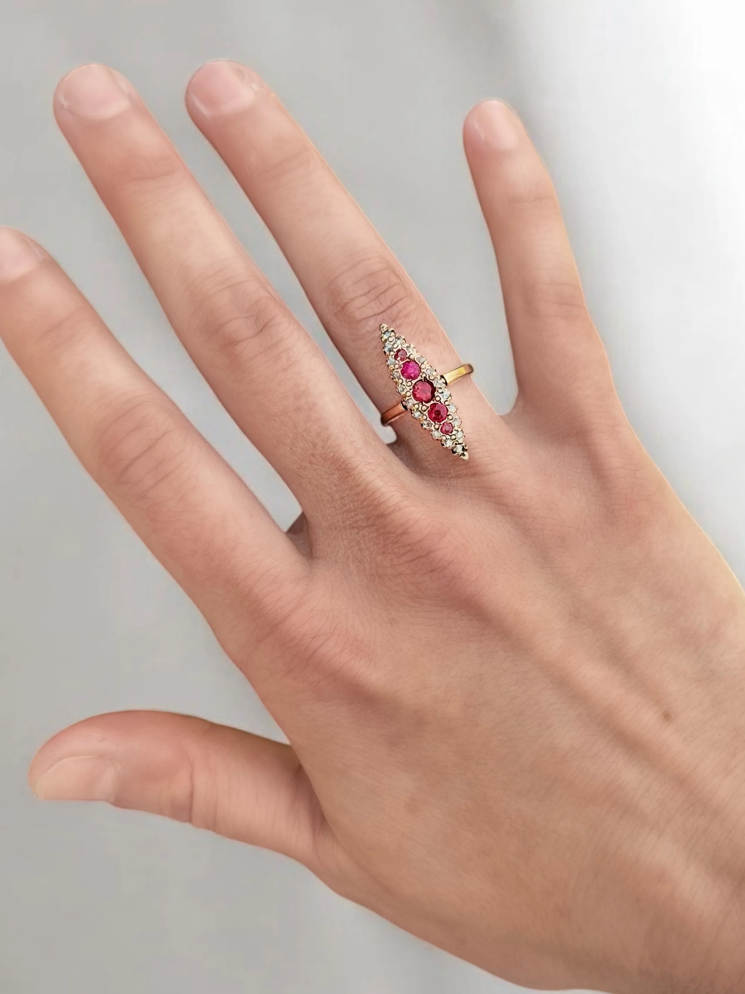 Victorian 14k Gold Ruby and Diamond Navette Ring- (circa 1890)